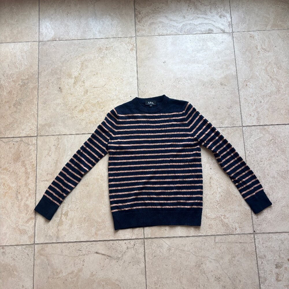 A.P.C. Rue Madame Paris Navy/Tan Crewneck Sweater — Medium